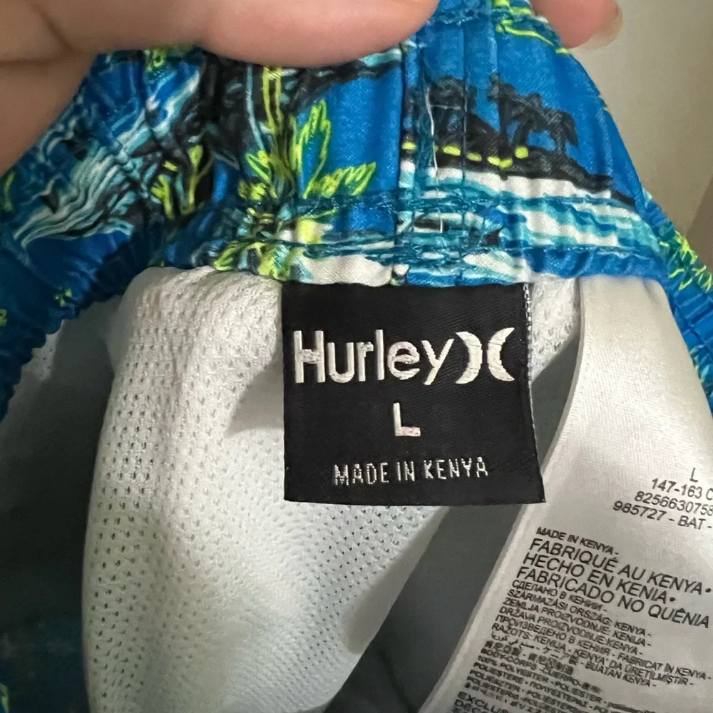 HURLEY Classic Doodle Isle Drawstring Board Shorts Swim Trunks Blue Green Boys L